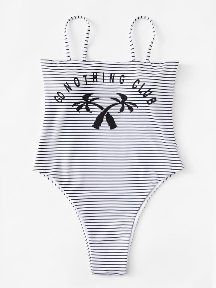 Shein Striped Palm Print Swimsuit