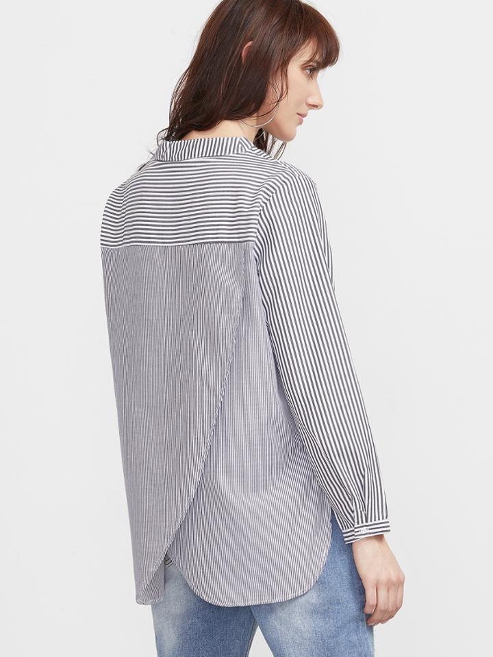 Shein Contrast Striped Slit Side Wrap Back High Low Blouse