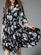 Shein Black Tie Neck Bell Sleeve Print Dress