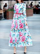 Shein White Flowers Print Belted Maxi Dress