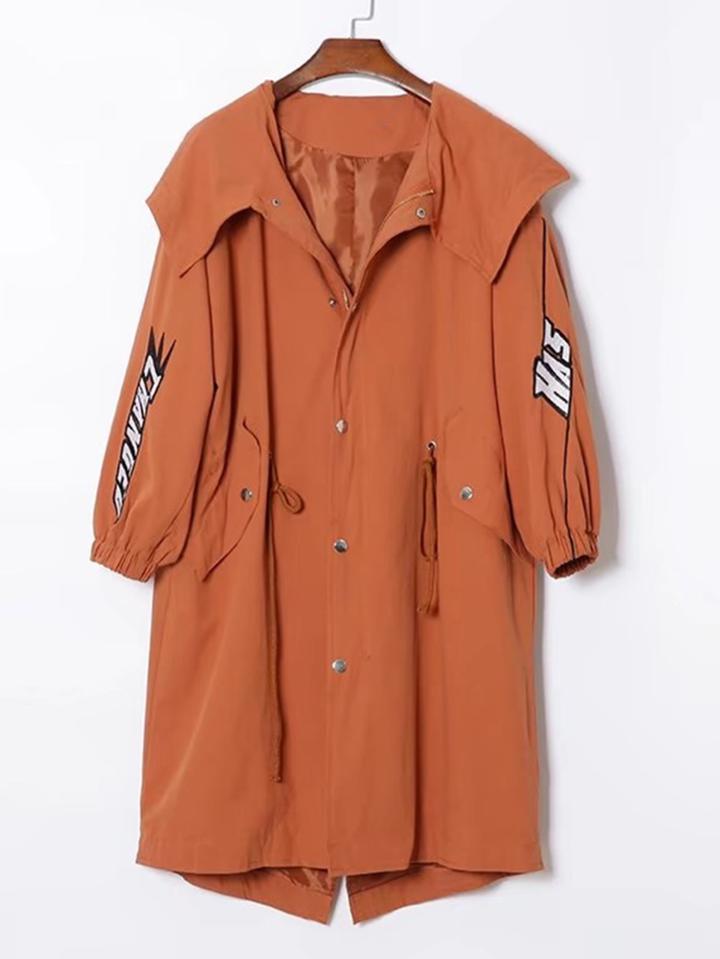 Shein Slogan Embroidery Hooded Boyfriend Coat