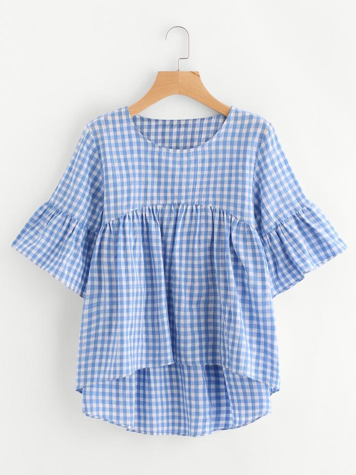 Shein Gingham Flute Sleeve Dip Hem Babydoll Blouse