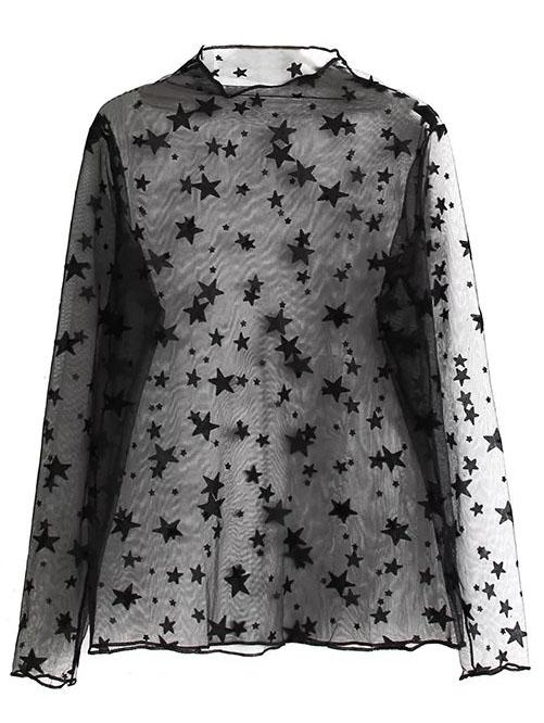 Shein Black Star Print Long Sleeve Sheer Blouse