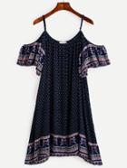 Shein Navy Tribal Print Cold Shoulder Dress