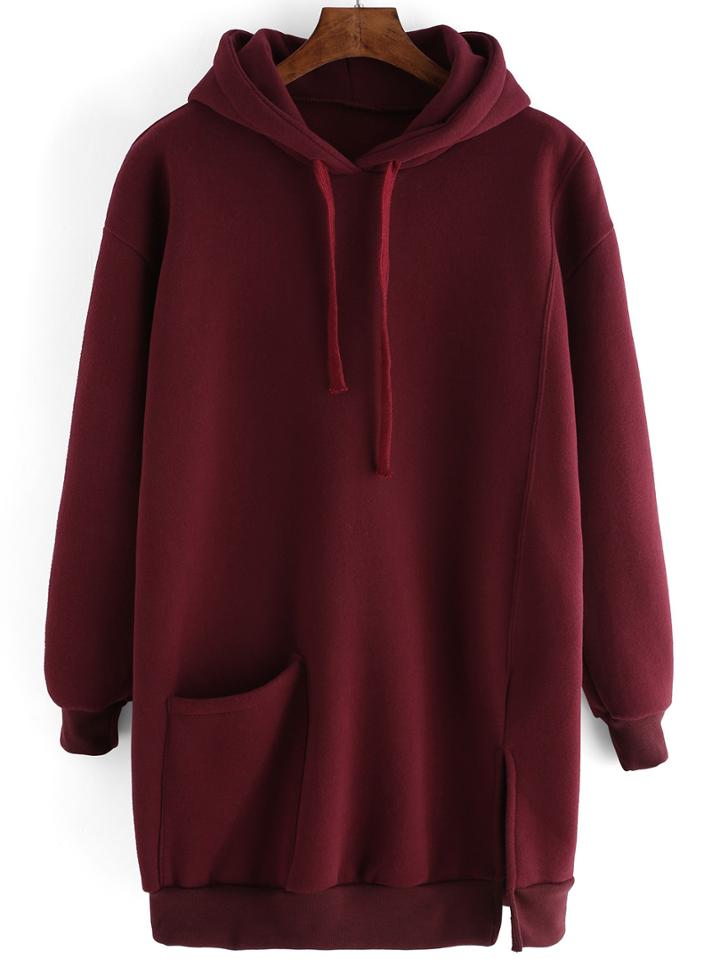Shein Burgundy Drawstring Hooded Split Loose Sweatshirt