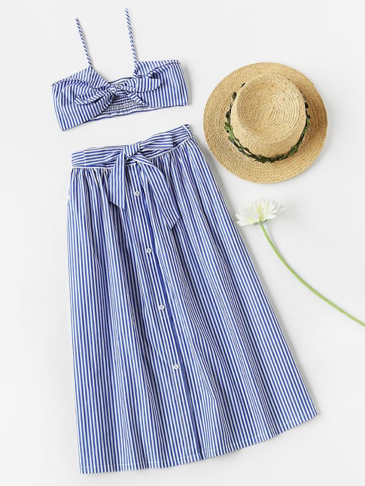 Shein Knot Front Smocked Bralet And Skirt Co-ord