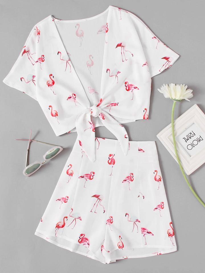 Shein All Over Flamingo Print Knotted Top With Shorts