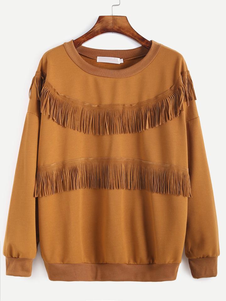 Shein Khaki Drop Shoulder Fringe Trim Sweatshirt