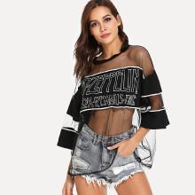 Shein Letter Print See Through Mesh Top
