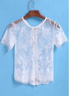 Rosewe Zip Closure Short Sleeve White Lace Shirt