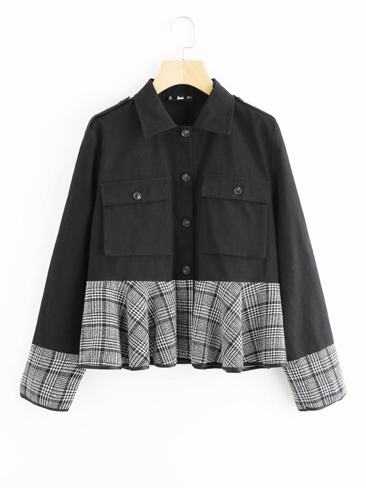 Shein Houndstooth Plaid Ruffle Trim Jacket