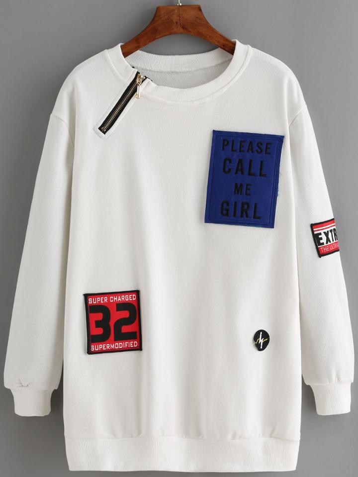 Shein White Crew Neck Zipper Patch Sweatshirt