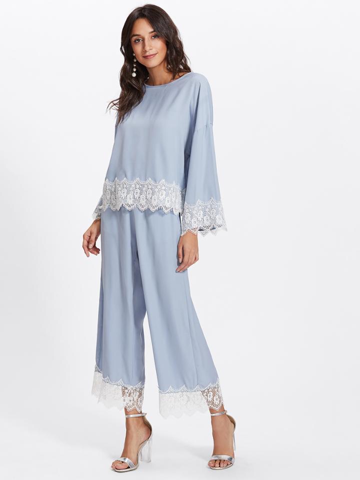 Shein Contrast Lace Trim Wide Sleeve Top