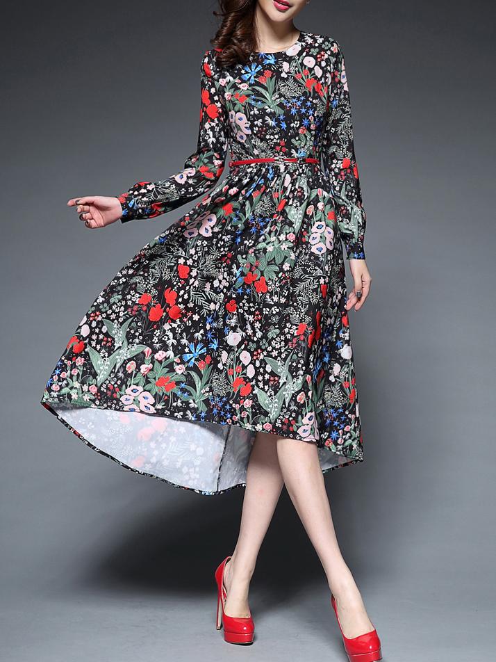 Shein Multicolor Round Neck Long Sleeve Drawstring High Low Print Dress