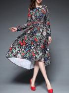 Shein Multicolor Round Neck Long Sleeve Drawstring High Low Print Dress