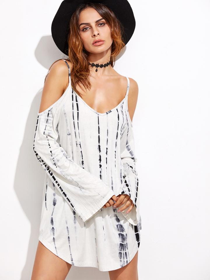 Shein White Tie Dye Print Cold Shoulder Dress