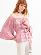 Shein Pink Off The Shoulder Bell Sleeve Self Tie Top