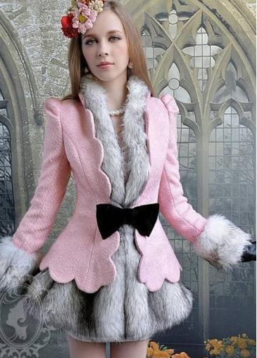 Rosewe Princess Style Bow Decorated Pink Coats With Faux Fur