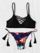 Shein Palm Tree Print Criss Cross Bikini Set