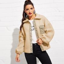Shein Leopard Placket & Pocket Detail Teddy Jacket