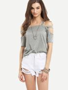 Shein Ladder-cutout Shoulder T-shirt - Grey