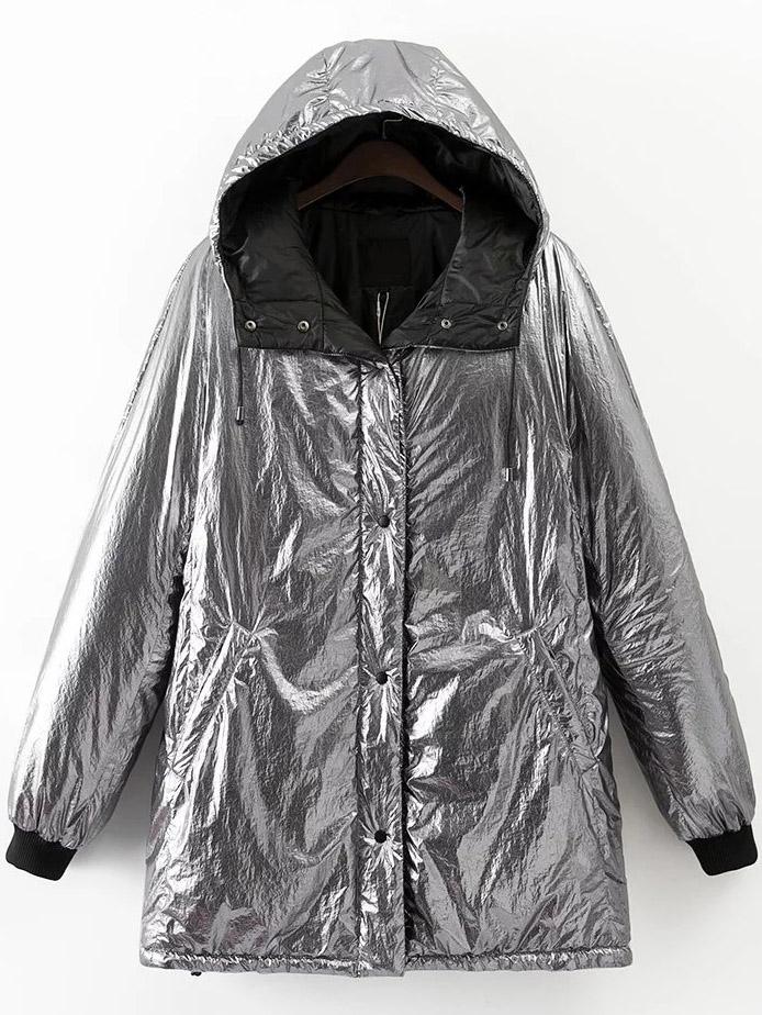 Shein Silver Button Up Hooded Padded Coat