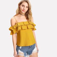 Shein Layered Pleated Ruffle Cold Shoulder Top