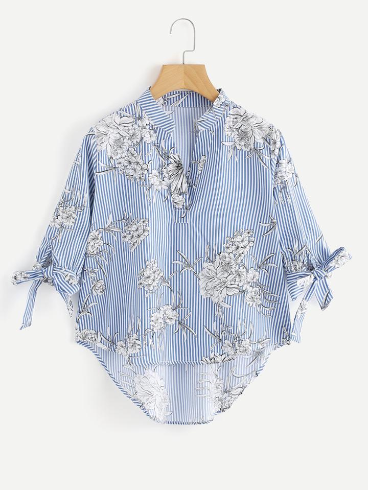 Shein Striped Floral Print Tie Cuff Dip Hem Blouse