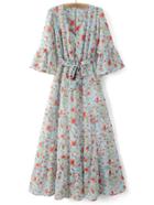 Shein Multicolor Bell Sleeve Tie-waist Bow Floral Print Maxi Dress