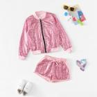 Shein Girls Zip Up Sequin Jacket & Shorts Set