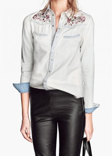 Rosewe Turndown Collar Long Sleeve Embroidered Denim Shirt