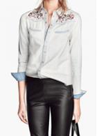 Rosewe Turndown Collar Long Sleeve Embroidered Denim Shirt