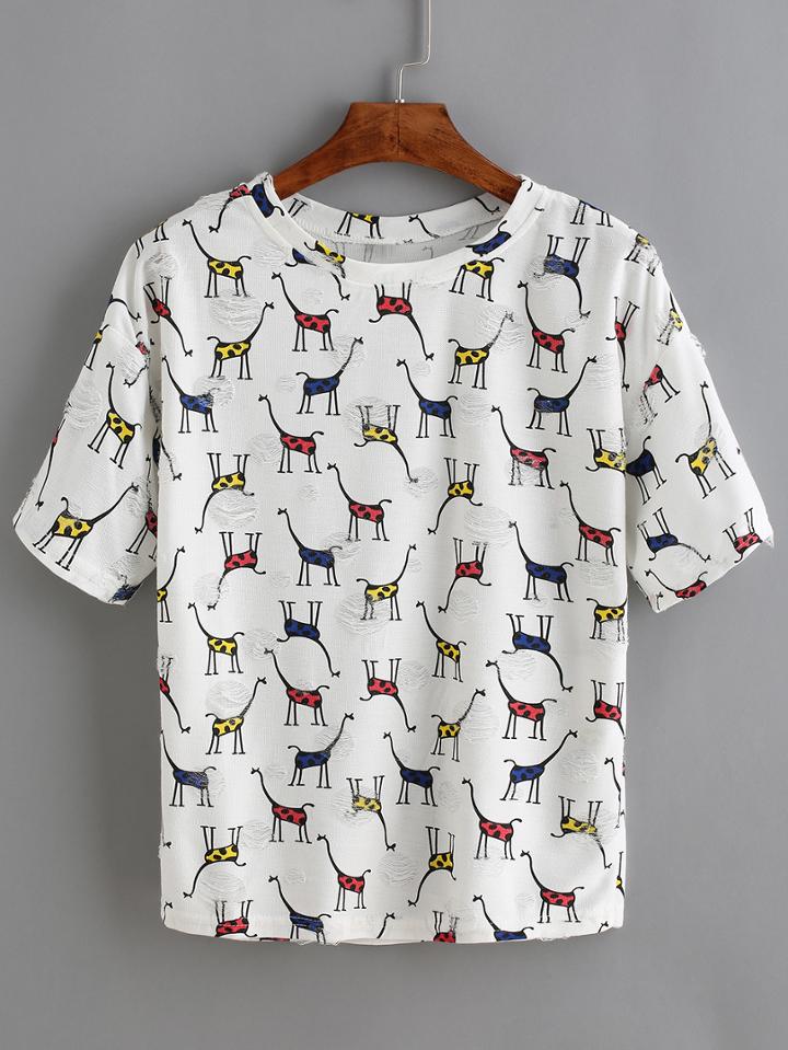 Shein White Giraffe Print T-shirt