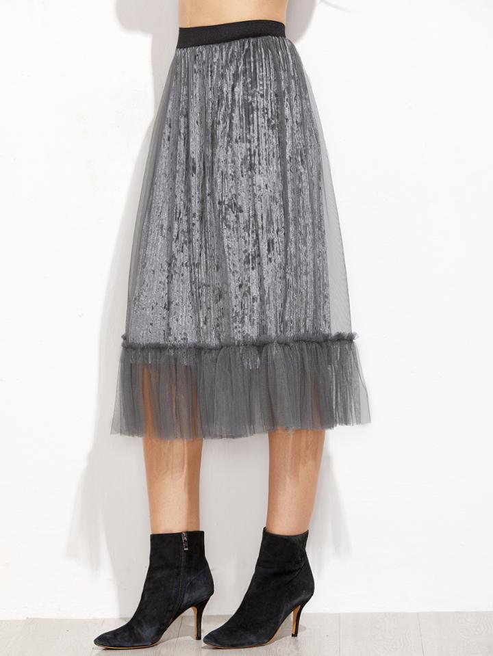 Shein Grey Mesh Overlay Pleated Velvet Skirt