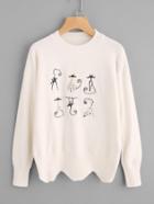 Shein Pearl Beading Cats Embroidered Wave Hem Jumper