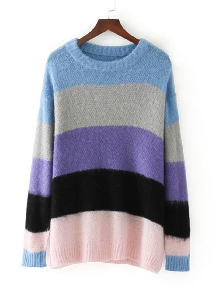 Shein Block Striped Fuzzy Jumper Sweater