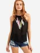Shein Ring Neck Feather Print Chiffon Top - Black