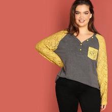 Shein Plus Lace Panel Heathered Knit Tee