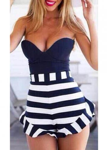 Rosewe Stripe Print Back Zipper Strapless Romper