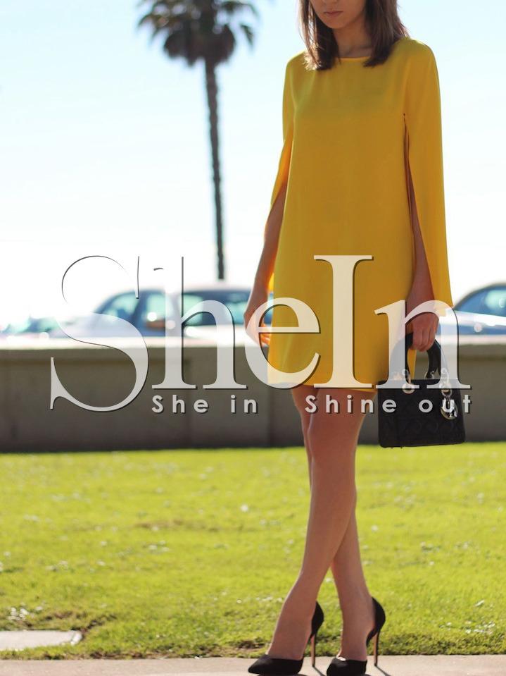 Shein Yellow Crew Neck Slit Sleeve Shift Dress