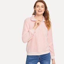 Shein Quarter Zip Solid Teddy Sweatshirt
