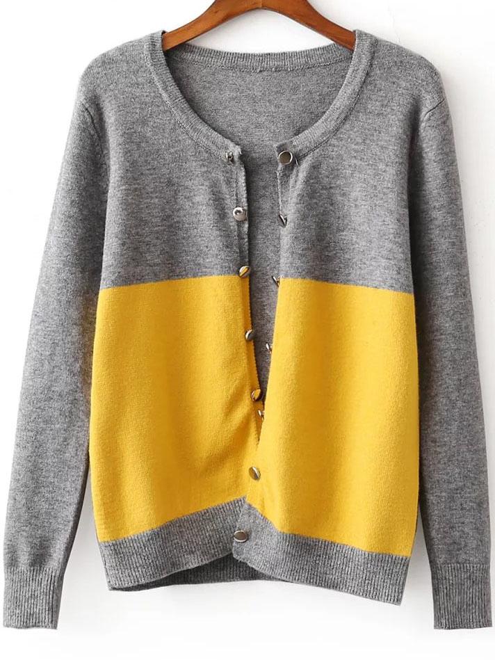 Shein Grey Color Block Button Embellished Cardigan