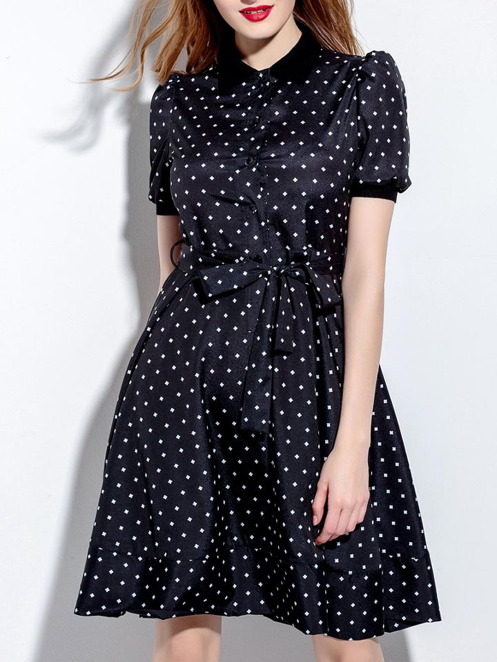 Shein Black Lapel Print Tie-waist Dress