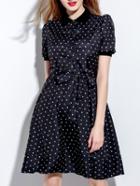 Shein Black Lapel Print Tie-waist Dress