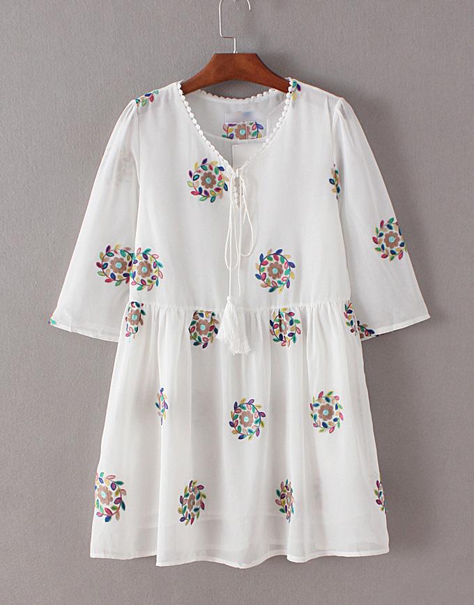 Shein White V Neck Embroidery Tassel Tie Dress