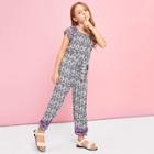 Shein Girls Mixed Print Belted Jumpsuit
