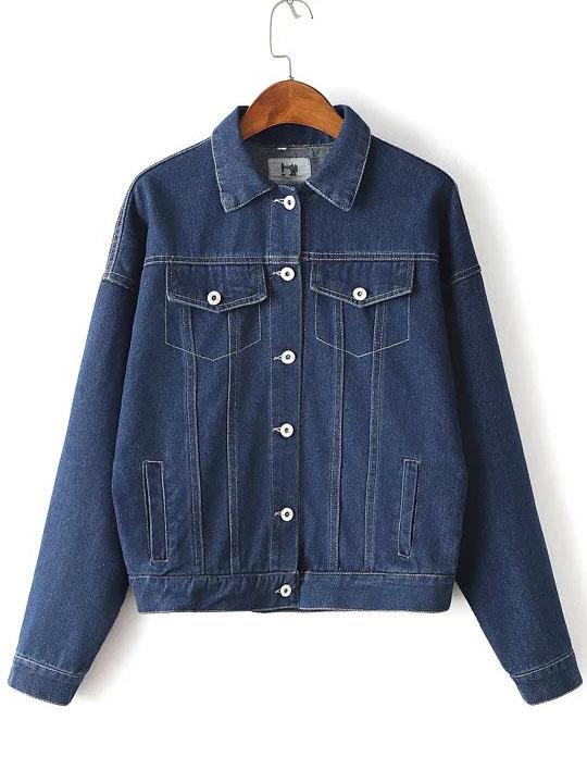 Shein Blue Letter Embroidery Single Breasted Jacket With Pocket