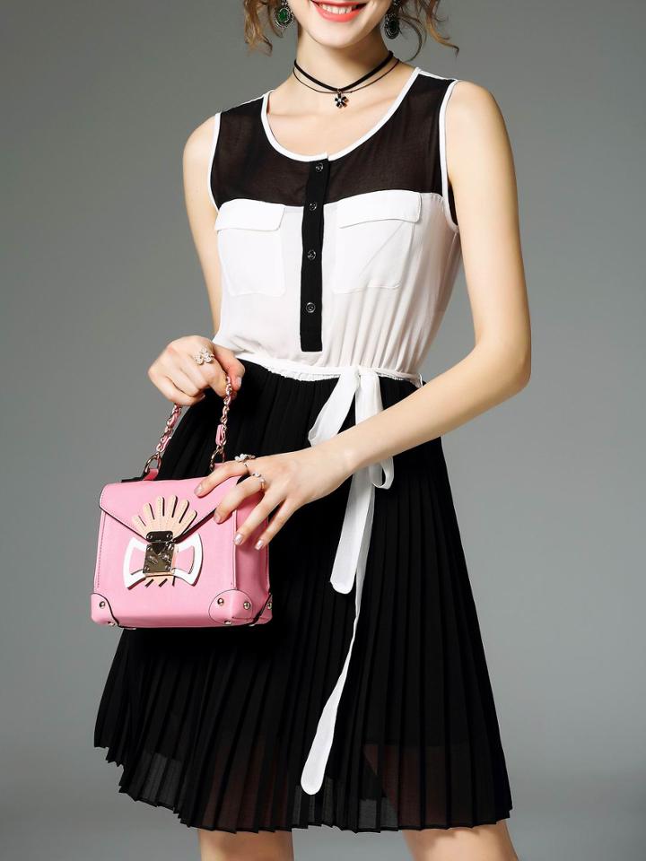 Shein Black White Pleated Tie-waist Dress