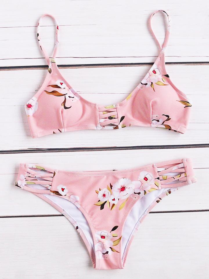 Shein Pink Floral Print Crisscross Detail Bikini Set