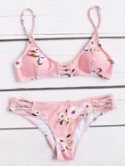 Shein Pink Floral Print Crisscross Detail Bikini Set